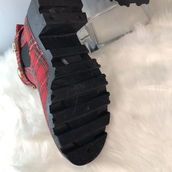 SUGAR-Favorite Red Black Plaid Rhinestone Chunky Heel Chelsea Ankle Boot - Picture 4 of 16